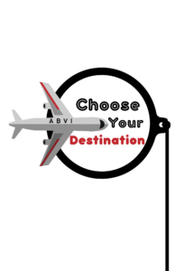 a photo of a plane and a circle. Text says, "ABVI Choose your Desitination
