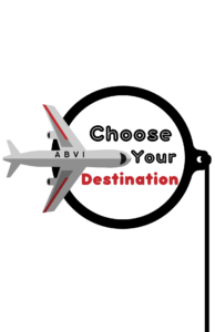 a photo of a plane and a circle. Text says, "ABVI Choose your Desitination